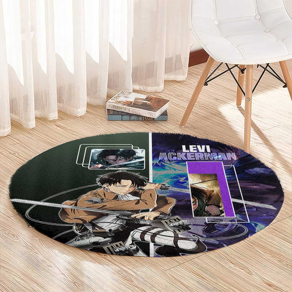 Levi Ackerman from Attack on Titan Round Carpet with Dynamic Poses and Green Background Design - The Mazicc