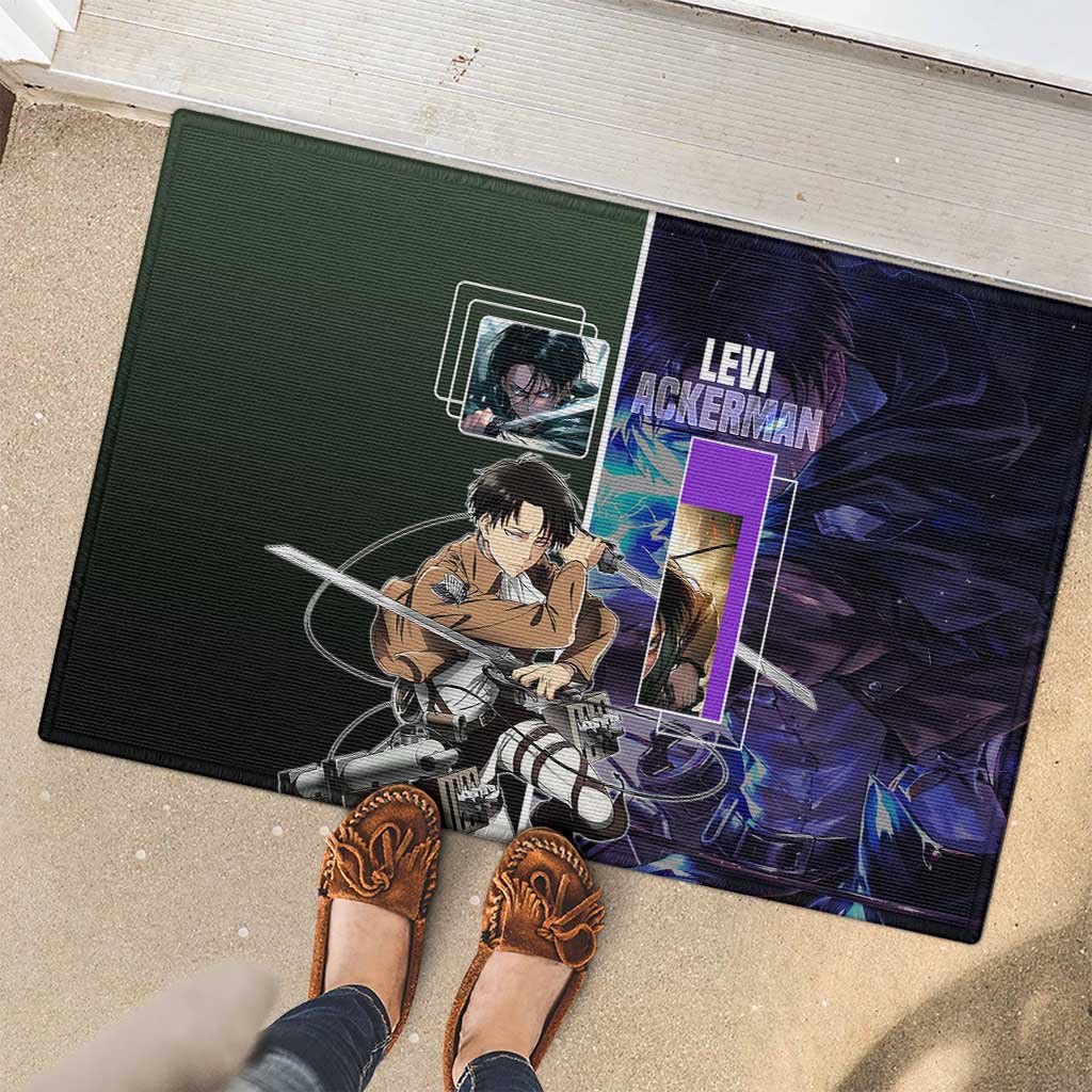 Levi Ackerman from Attack on Titan Rubber Doormat with Dynamic Poses and Green Background Design - The Mazicc