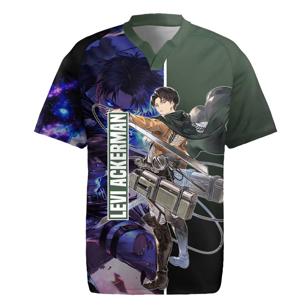 Levi Ackerman from Attack on Titan Rugby Jersey with Dynamic Poses and Green Background Design - The Mazicc