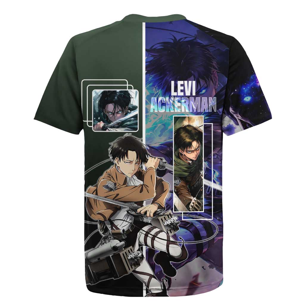Levi Ackerman from Attack on Titan Rugby Jersey with Dynamic Poses and Green Background Design - The Mazicc
