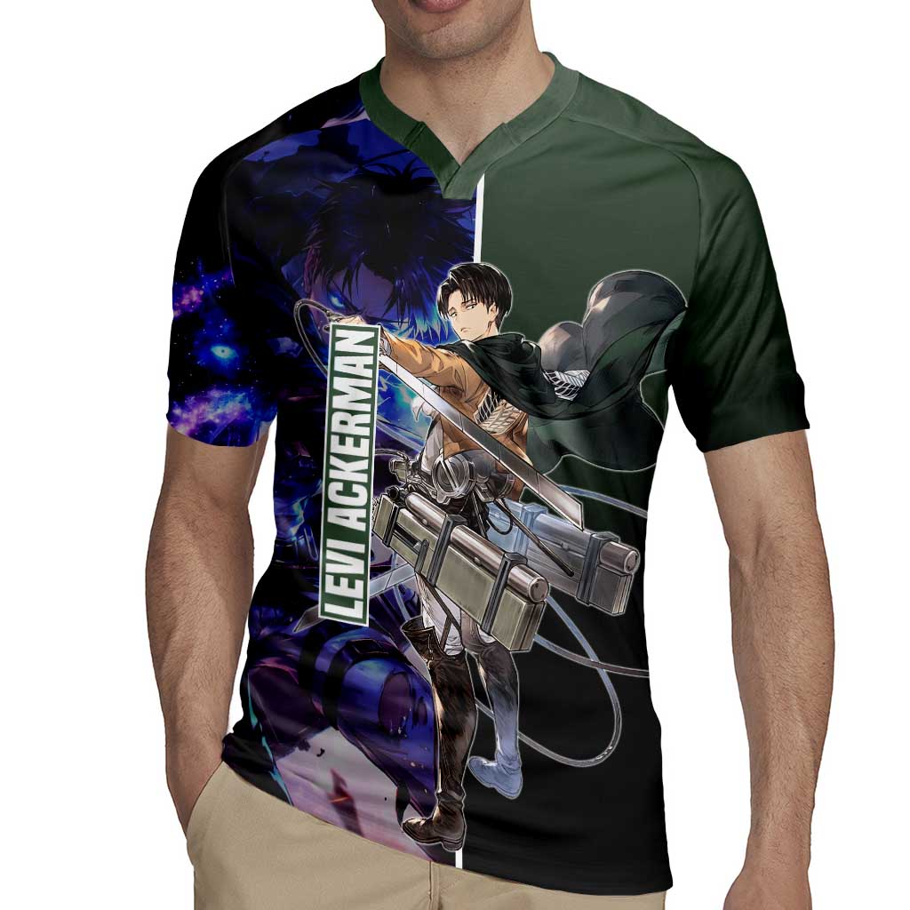 Levi Ackerman from Attack on Titan Rugby Jersey with Dynamic Poses and Green Background Design - The Mazicc
