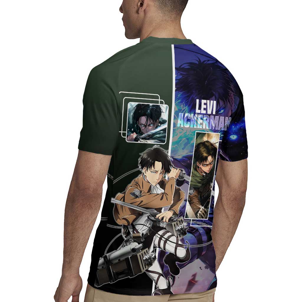 Levi Ackerman from Attack on Titan Rugby Jersey with Dynamic Poses and Green Background Design - The Mazicc