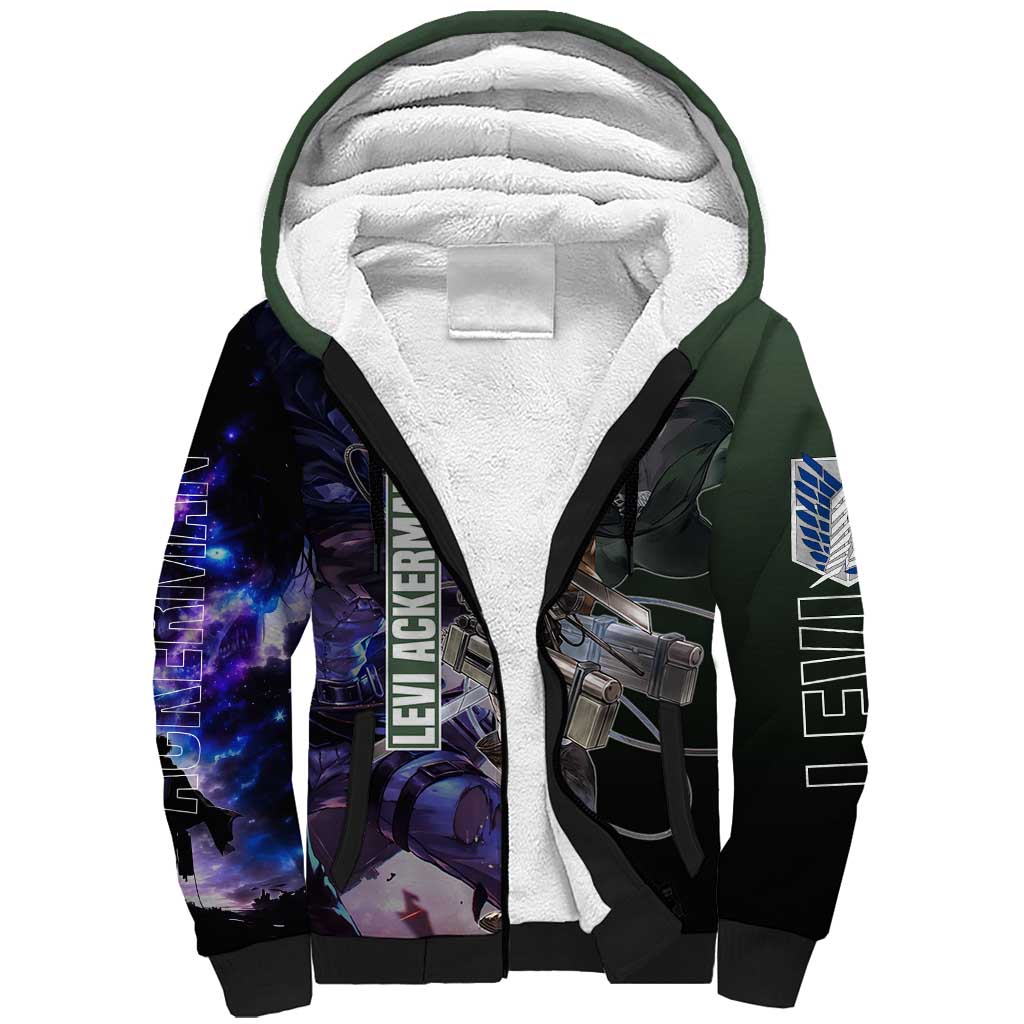 Levi Ackerman from Attack on Titan Sherpa Hoodie with Dynamic Poses and Green Background Design - The Mazicc