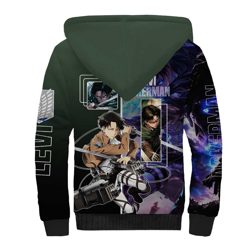Levi Ackerman from Attack on Titan Sherpa Hoodie with Dynamic Poses and Green Background Design - The Mazicc