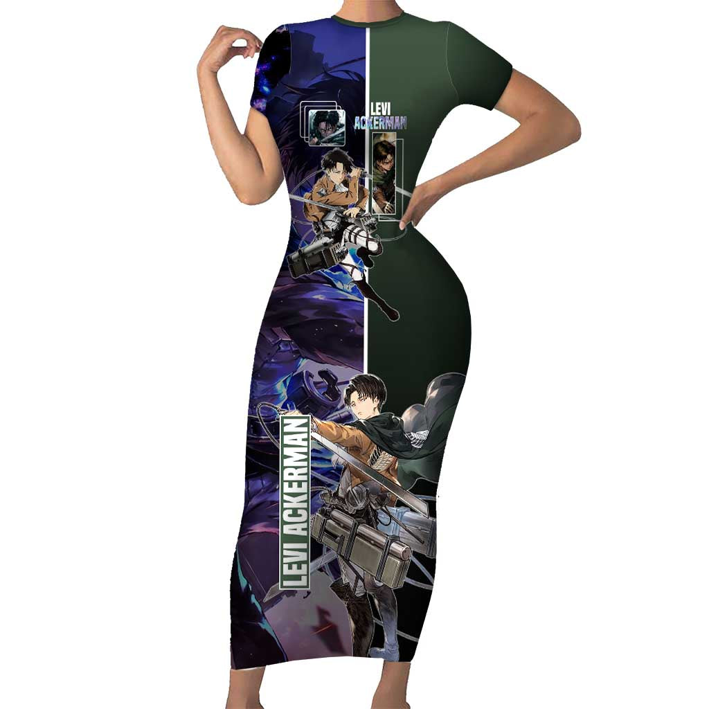 Levi Ackerman from Attack on Titan Short Sleeve Bodycon Dress with Dynamic Poses and Green Background Design - The Mazicc