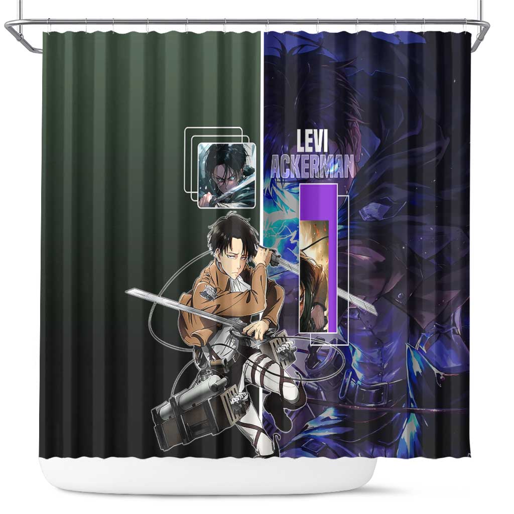 Levi Ackerman from Attack on Titan Shower Curtain with Dynamic Poses and Green Background Design - The Mazicc