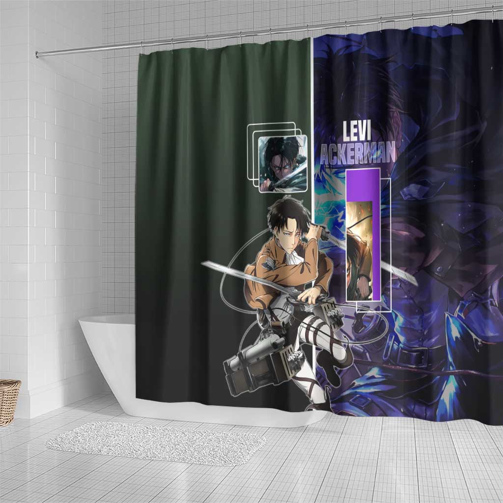 Levi Ackerman from Attack on Titan Shower Curtain with Dynamic Poses and Green Background Design - The Mazicc