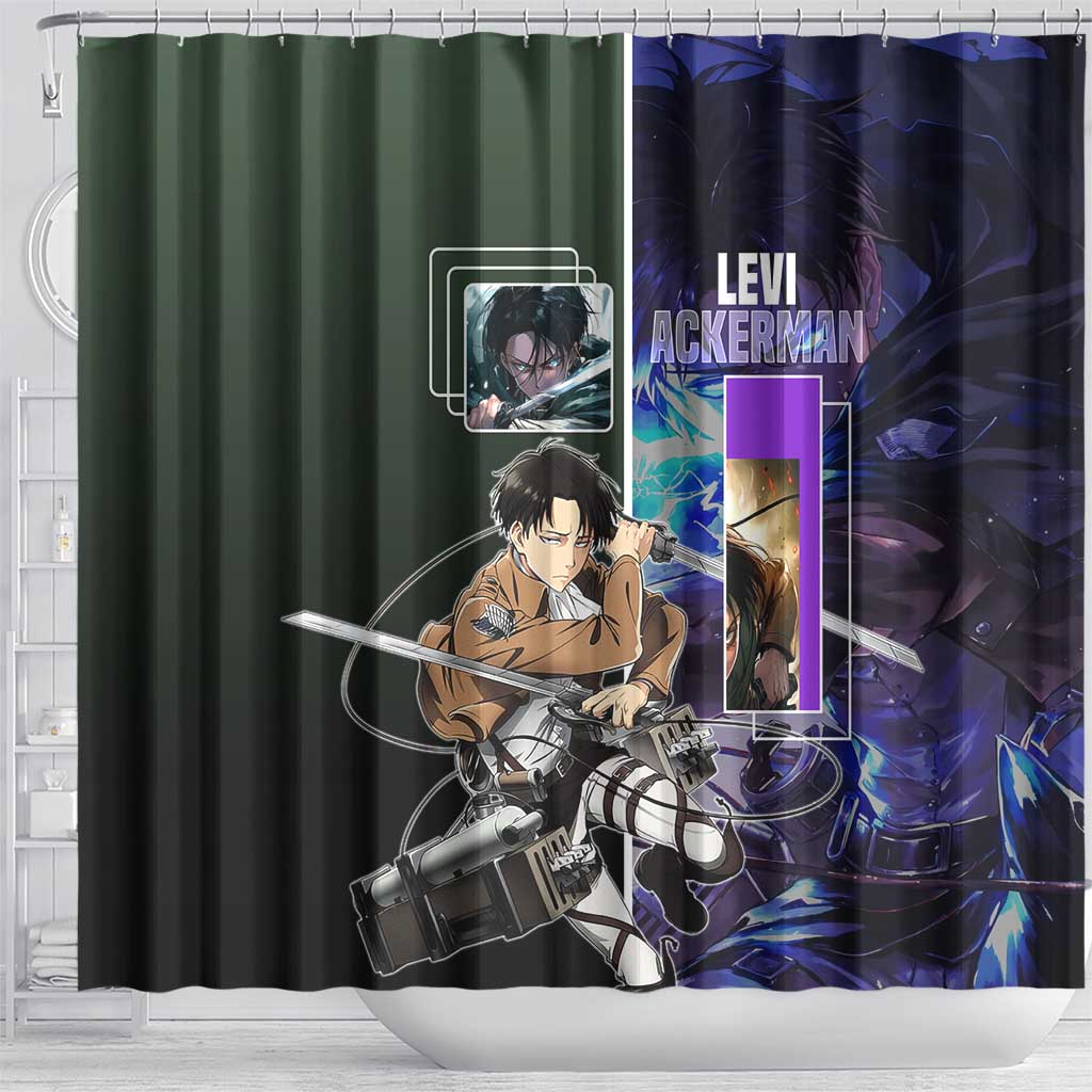 Levi Ackerman from Attack on Titan Shower Curtain with Dynamic Poses and Green Background Design - The Mazicc