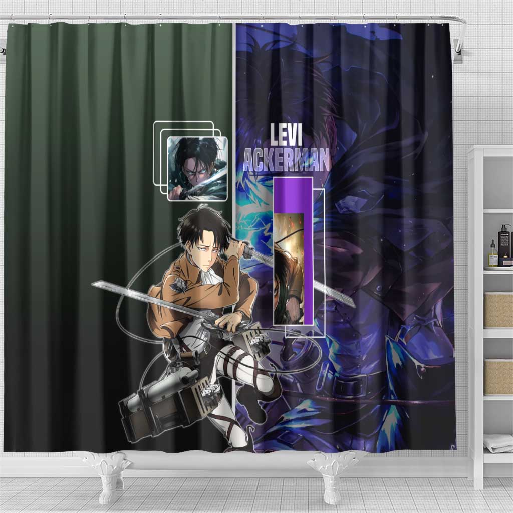 Levi Ackerman from Attack on Titan Shower Curtain with Dynamic Poses and Green Background Design - The Mazicc