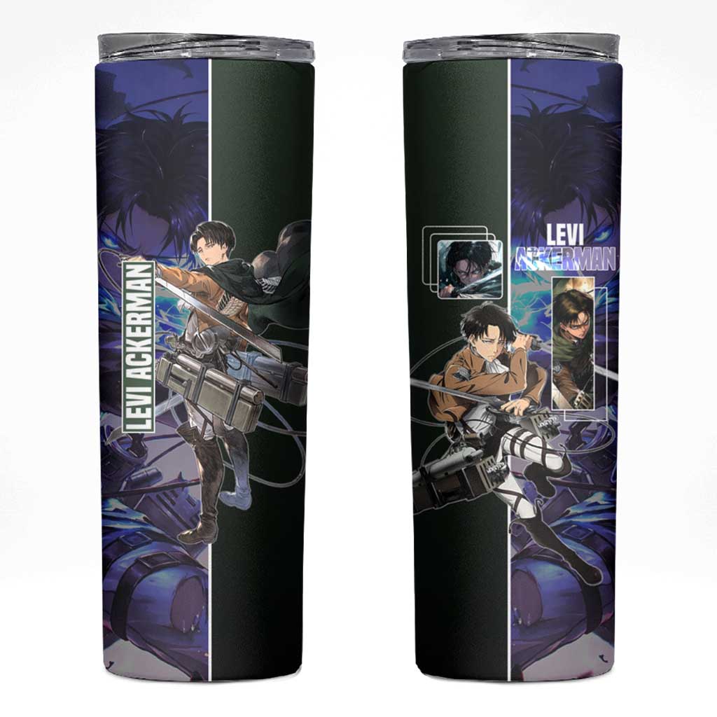 Levi Ackerman from Attack on Titan Skinny Tumbler with Dynamic Poses and Green Background Design - The Mazicc