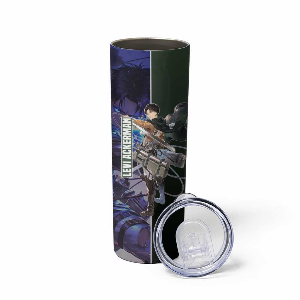 Levi Ackerman from Attack on Titan Skinny Tumbler with Dynamic Poses and Green Background Design - The Mazicc