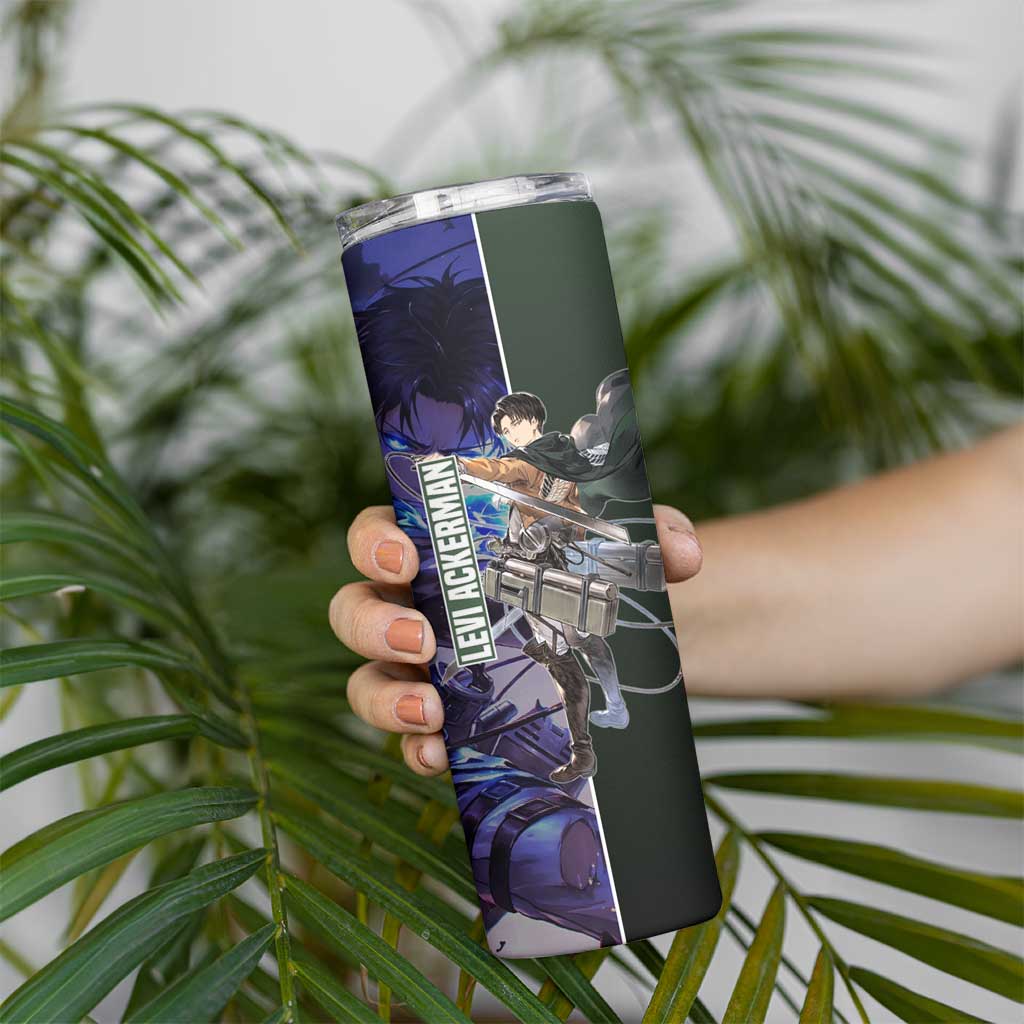 Levi Ackerman from Attack on Titan Skinny Tumbler with Dynamic Poses and Green Background Design - The Mazicc