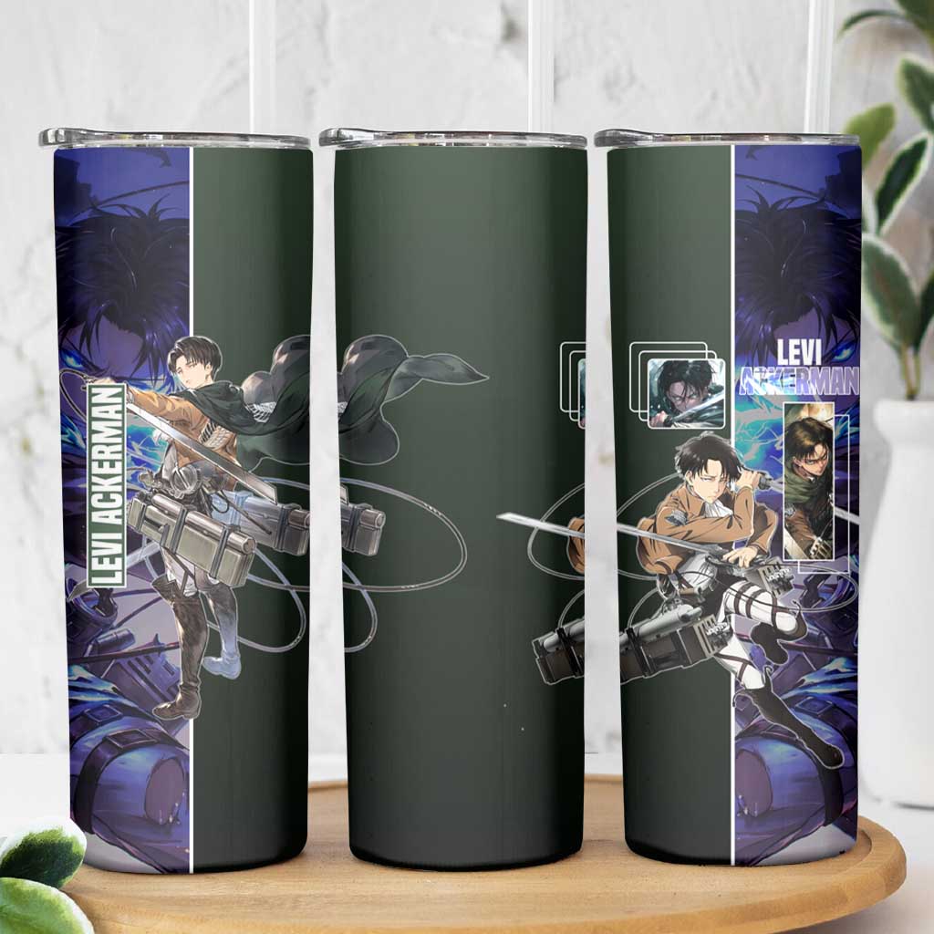 Levi Ackerman from Attack on Titan Skinny Tumbler with Dynamic Poses and Green Background Design - The Mazicc