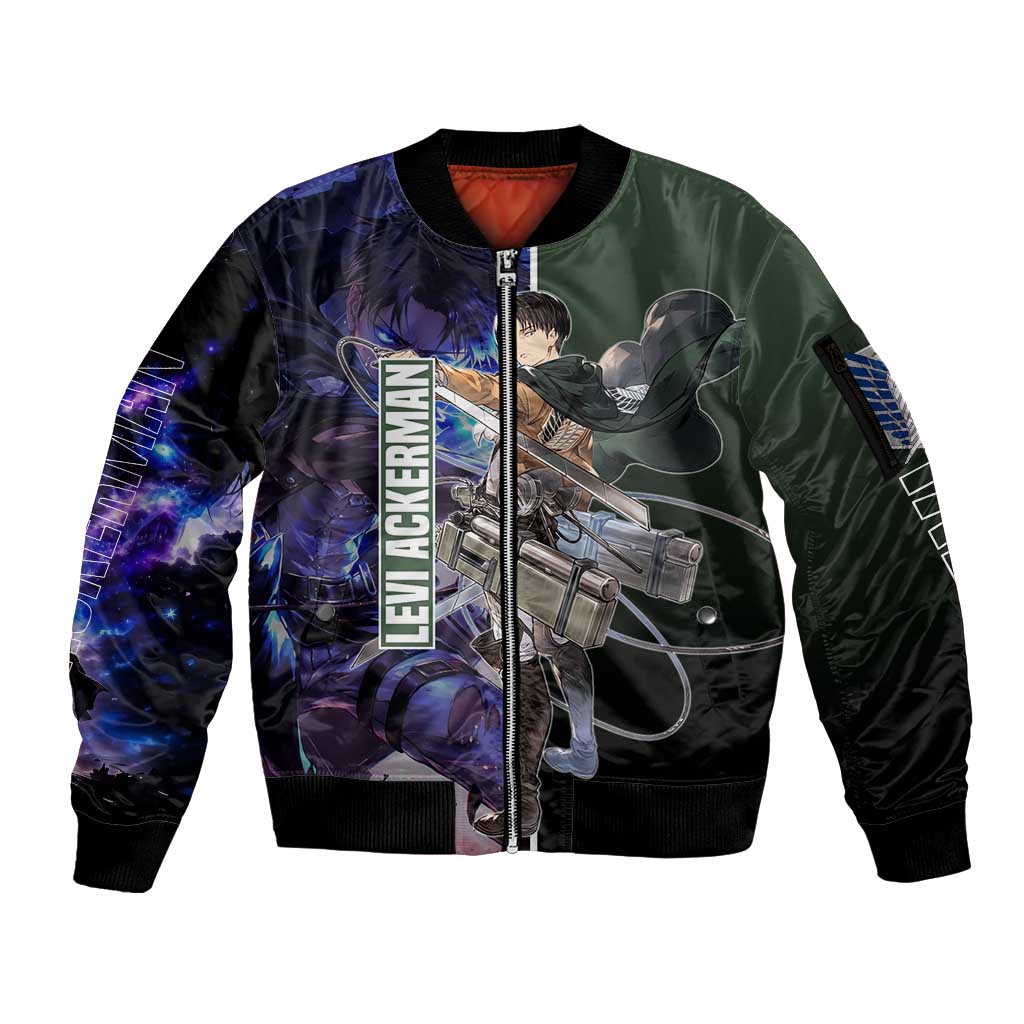 Levi Ackerman from Attack on Titan Sleeve Zip Bomber Jacket with Dynamic Poses and Green Background Design - The Mazicc