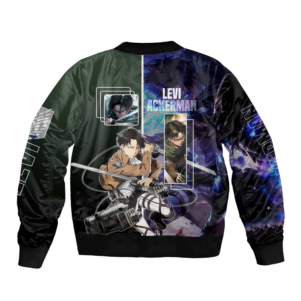 Levi Ackerman from Attack on Titan Sleeve Zip Bomber Jacket with Dynamic Poses and Green Background Design - The Mazicc