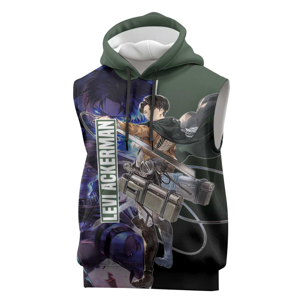 Levi Ackerman from Attack on Titan Sleeveless Hoodie with Dynamic Poses and Green Background Design - The Mazicc