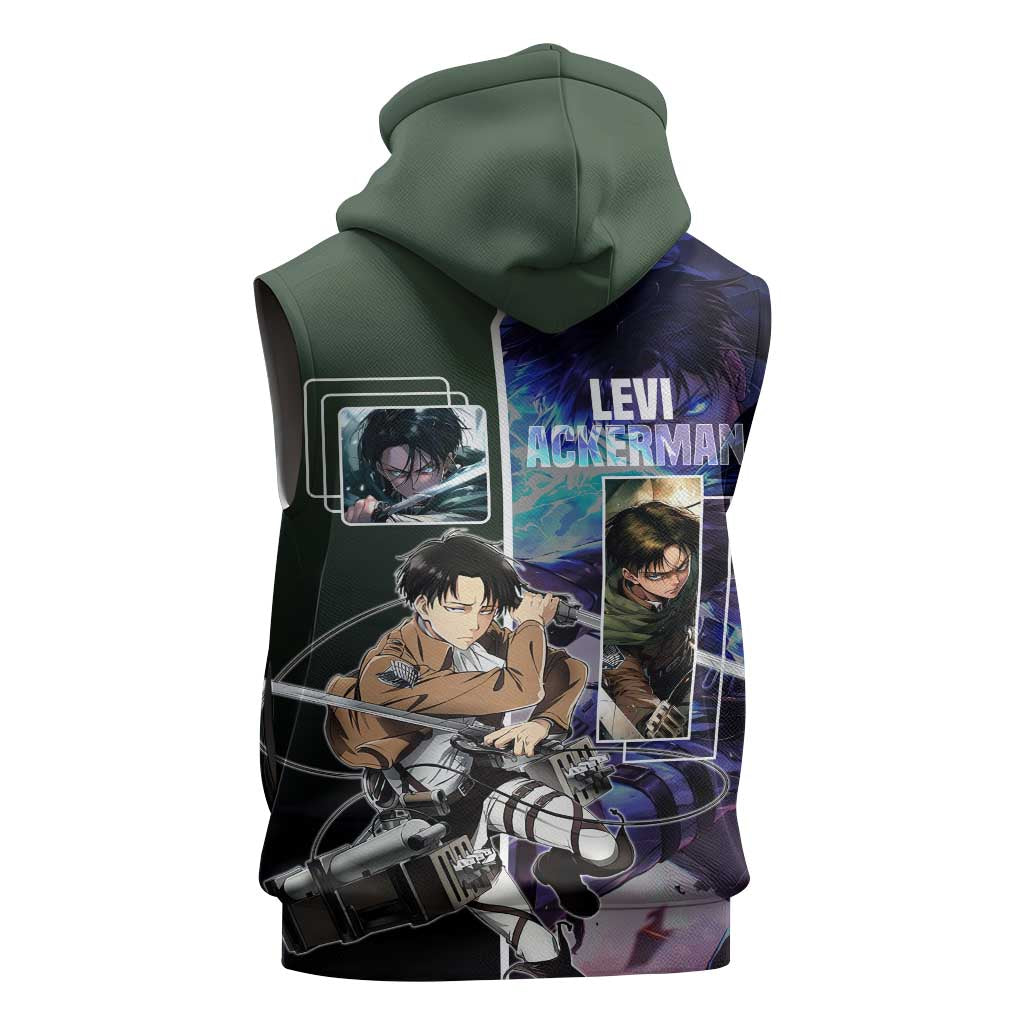 Levi Ackerman from Attack on Titan Sleeveless Hoodie with Dynamic Poses and Green Background Design - The Mazicc
