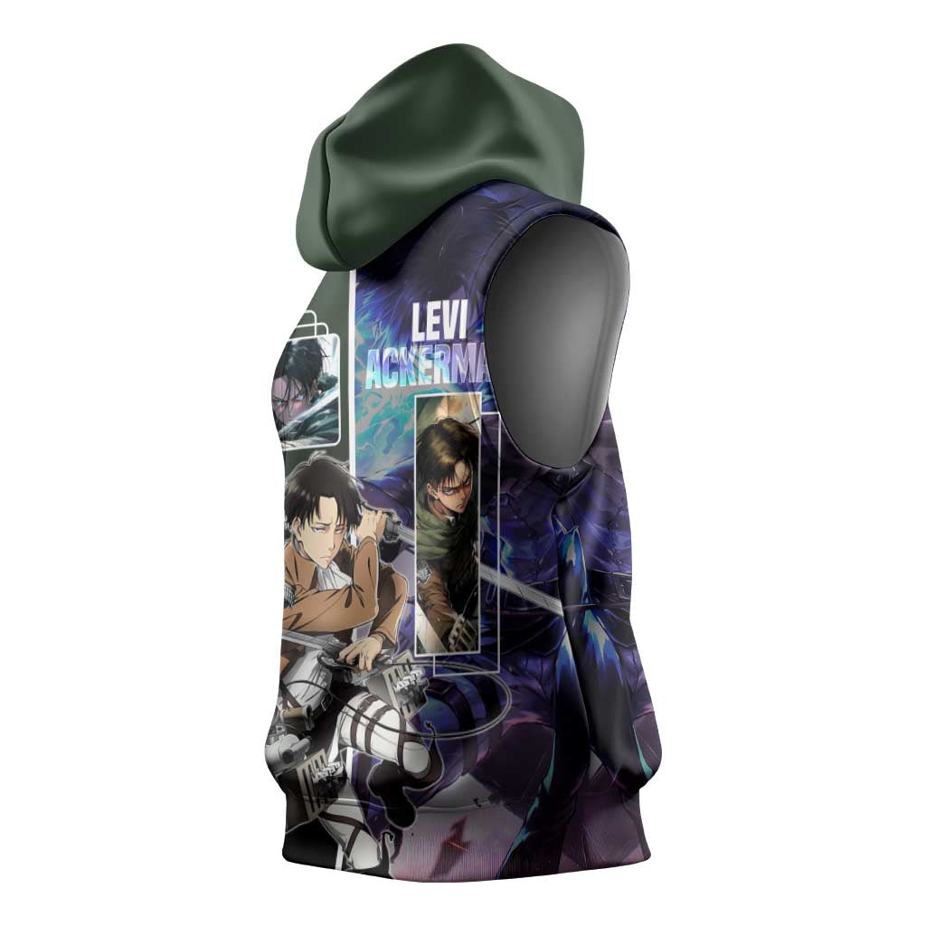 Levi Ackerman from Attack on Titan Sleeveless Hoodie with Dynamic Poses and Green Background Design - The Mazicc