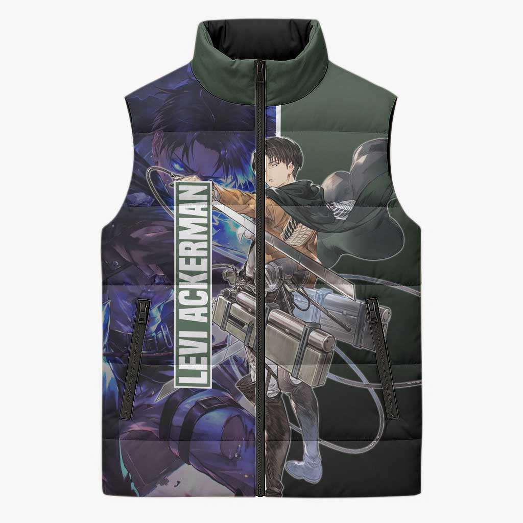Levi Ackerman from Attack on Titan Sleeveless Puffer Jacket with Dynamic Poses and Green Background Design - The Mazicc