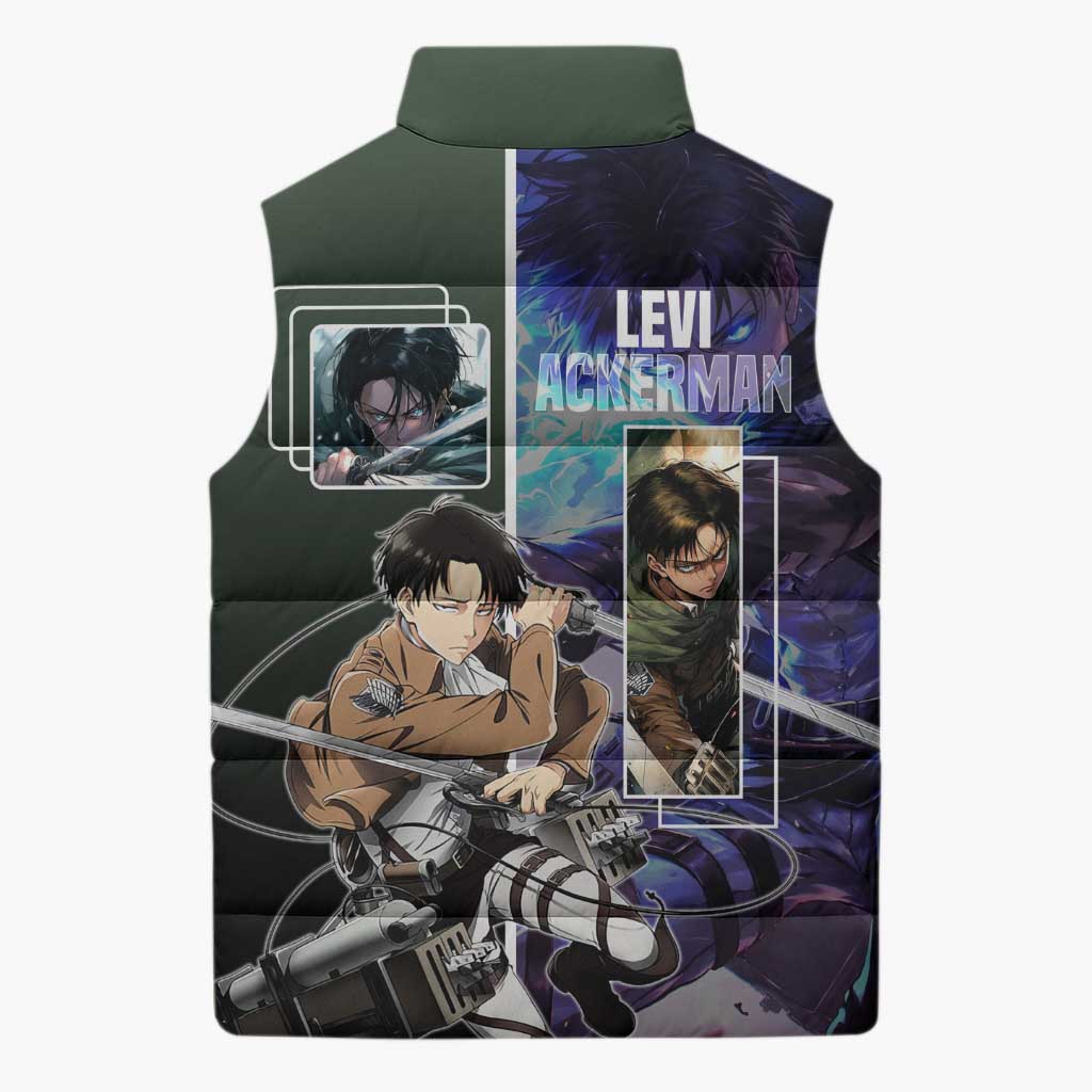 Levi Ackerman from Attack on Titan Sleeveless Puffer Jacket with Dynamic Poses and Green Background Design - The Mazicc