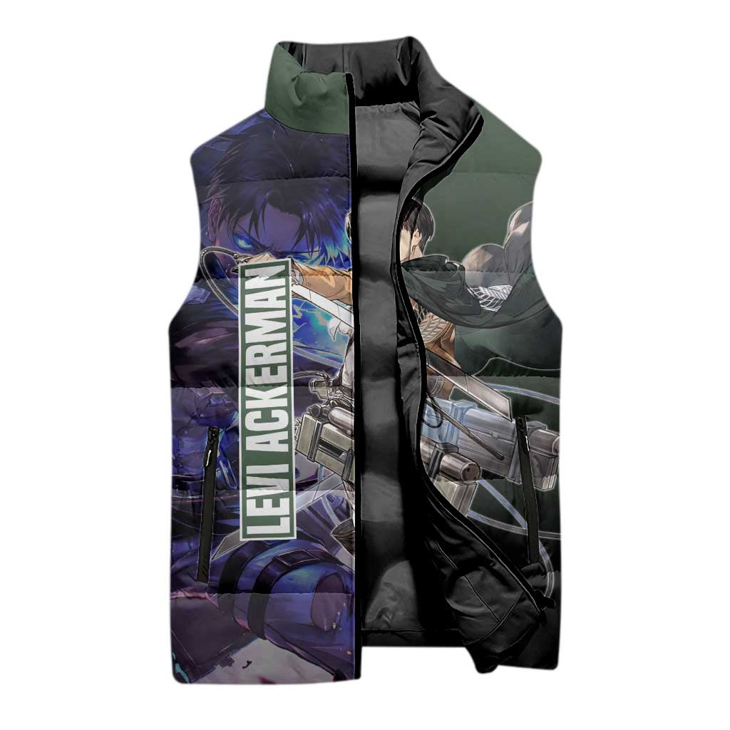 Levi Ackerman from Attack on Titan Sleeveless Puffer Jacket with Dynamic Poses and Green Background Design - The Mazicc