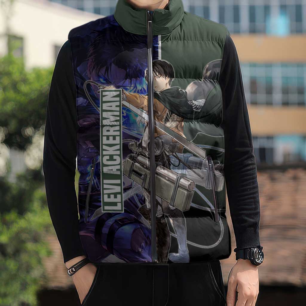 Levi Ackerman from Attack on Titan Sleeveless Puffer Jacket with Dynamic Poses and Green Background Design - The Mazicc