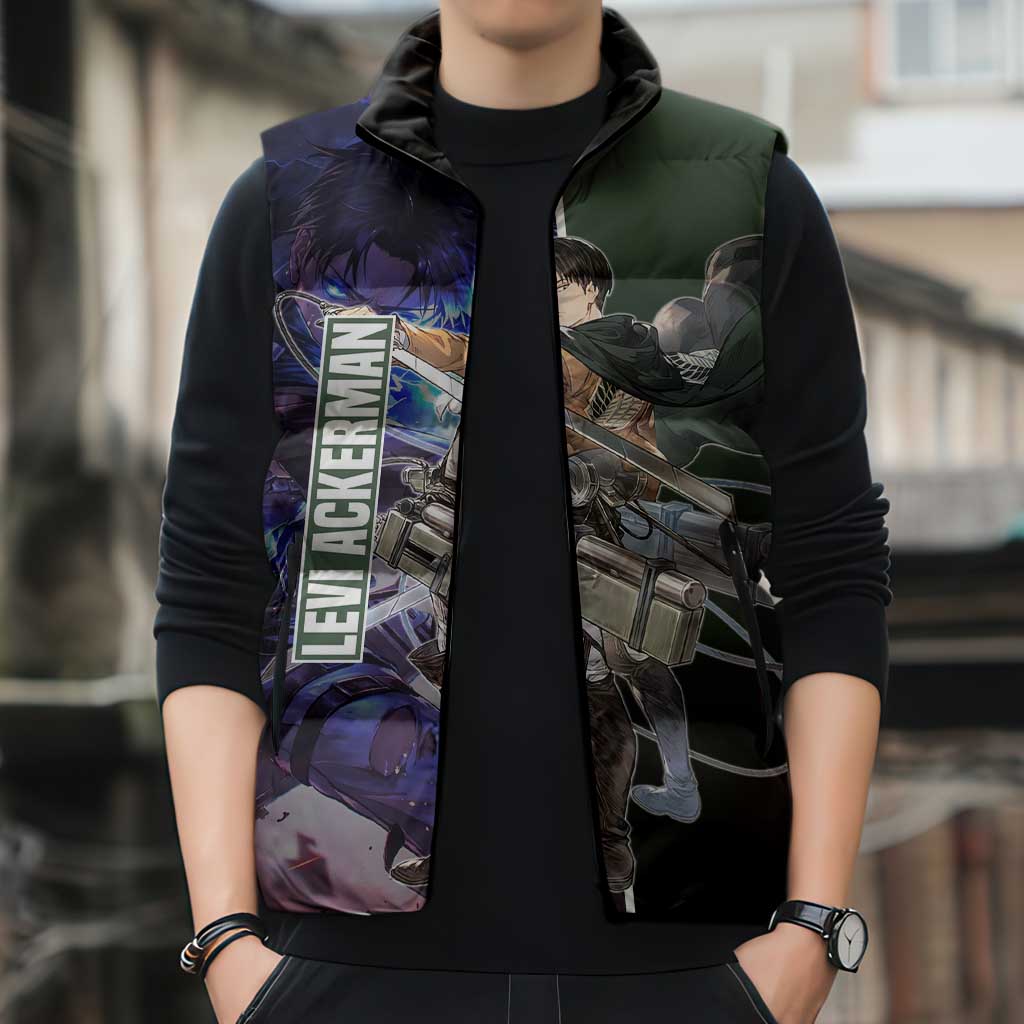 Levi Ackerman from Attack on Titan Sleeveless Puffer Jacket with Dynamic Poses and Green Background Design - The Mazicc
