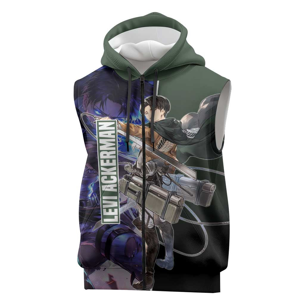 Levi Ackerman from Attack on Titan Sleeveless Zip Hoodie with Dynamic Poses and Green Background Design - The Mazicc