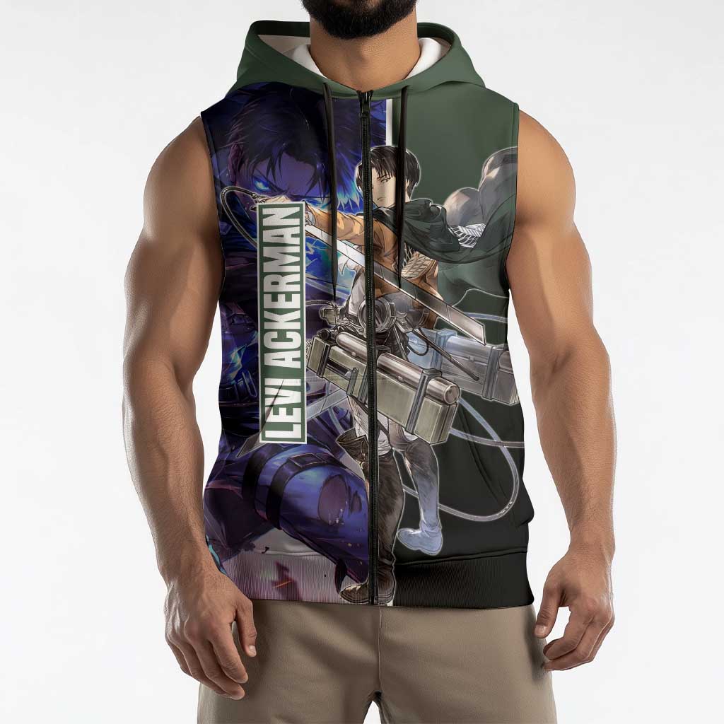 Levi Ackerman from Attack on Titan Sleeveless Zip Hoodie with Dynamic Poses and Green Background Design - The Mazicc