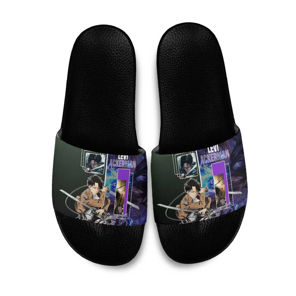 Levi Ackerman from Attack on Titan Slide Sandals with Dynamic Poses and Green Background Design - The Mazicc