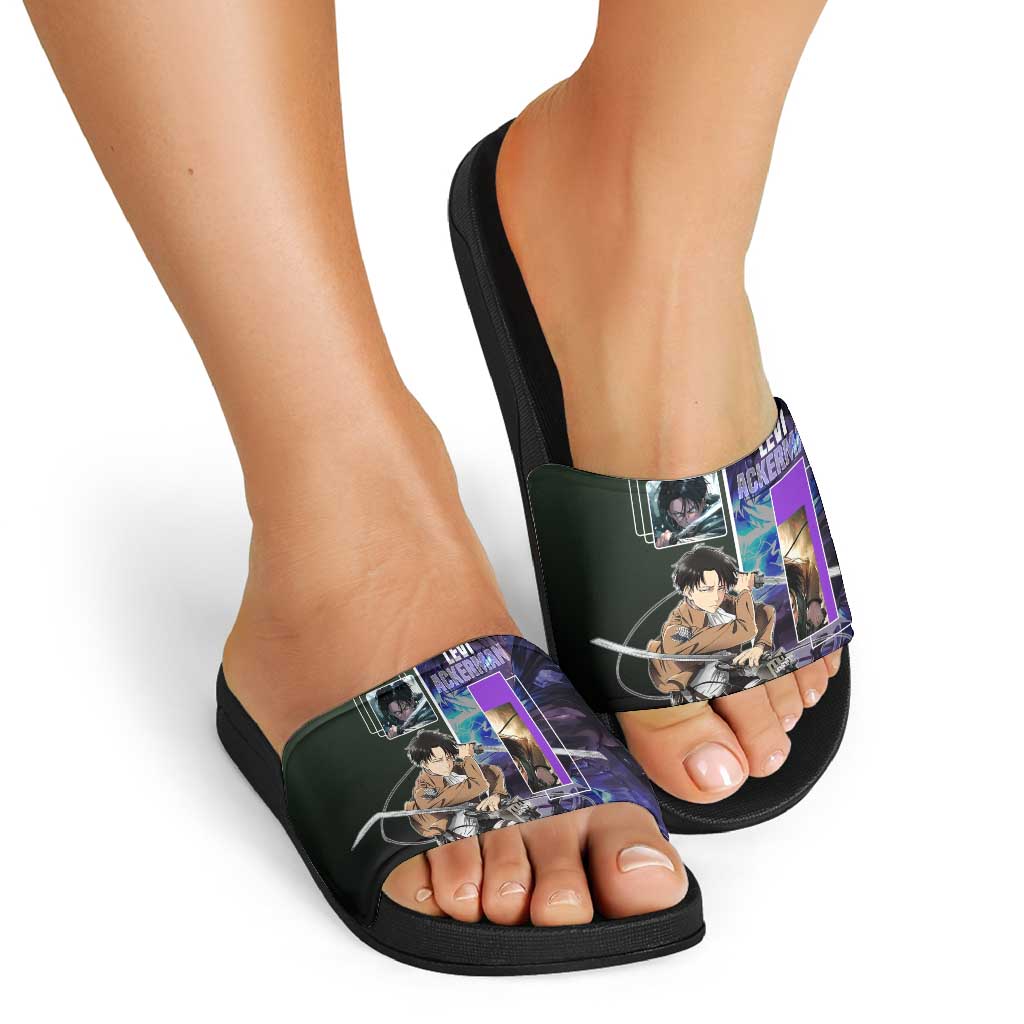 Levi Ackerman from Attack on Titan Slide Sandals with Dynamic Poses and Green Background Design - The Mazicc