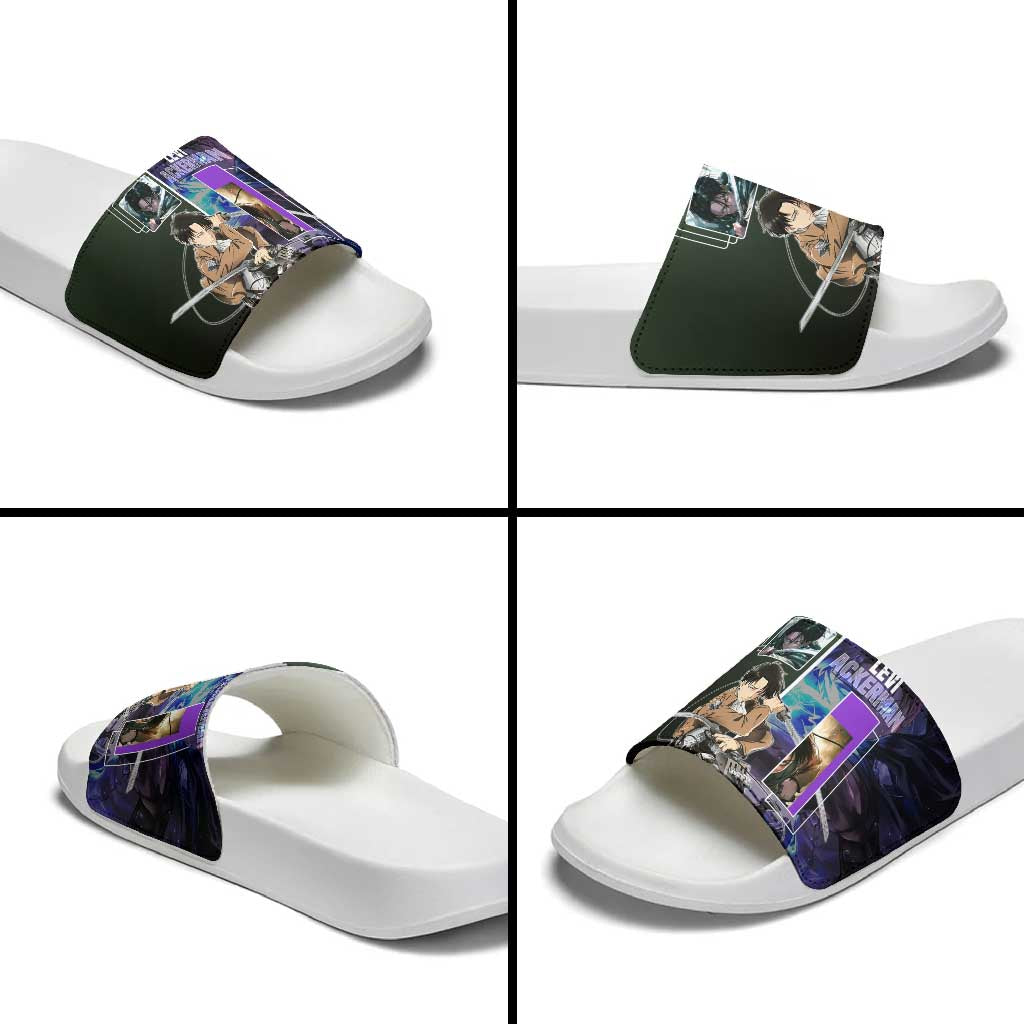 Levi Ackerman from Attack on Titan Slide Sandals with Dynamic Poses and Green Background Design - The Mazicc