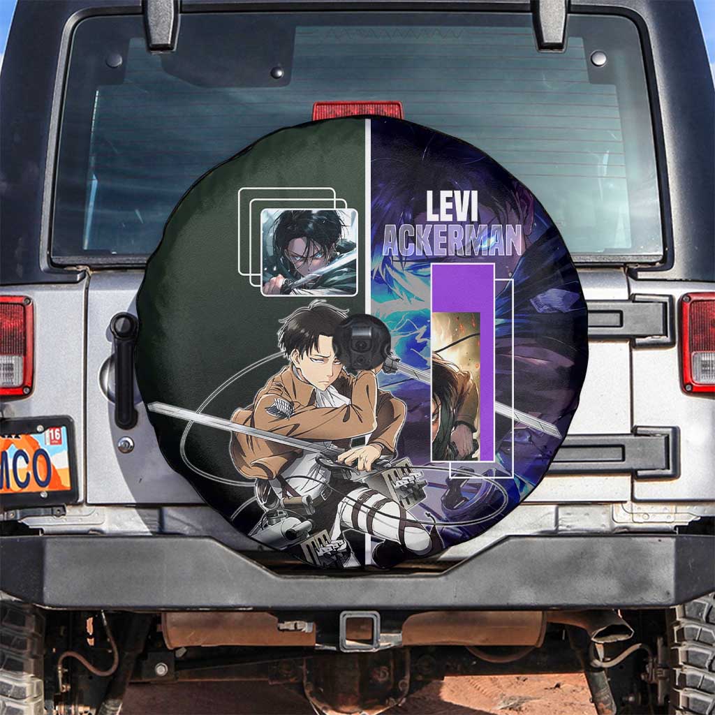 Levi Ackerman from Attack on Titan Spare Tire Cover with Dynamic Poses and Green Background Design - The Mazicc