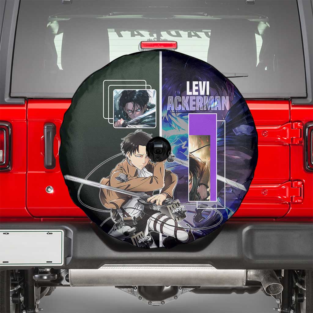 Levi Ackerman from Attack on Titan Spare Tire Cover with Dynamic Poses and Green Background Design - The Mazicc