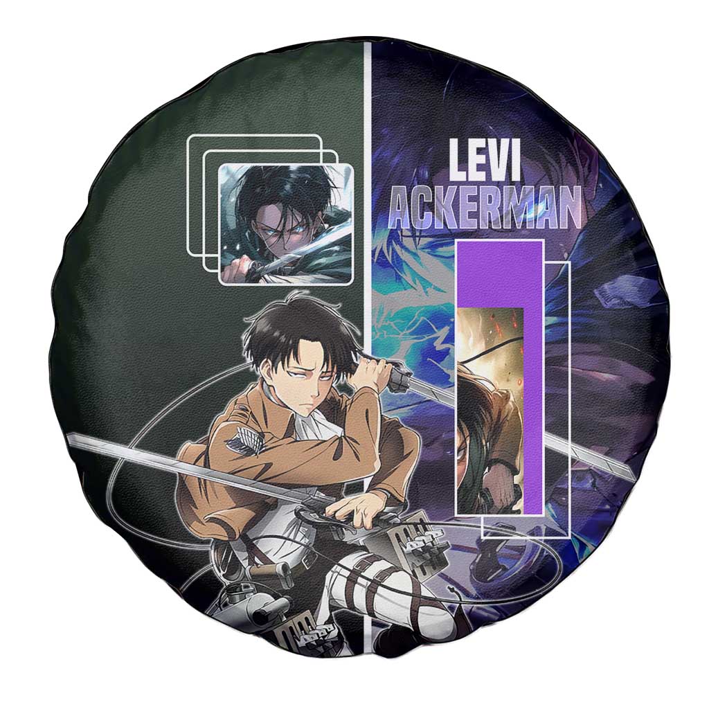 Levi Ackerman from Attack on Titan Spare Tire Cover with Dynamic Poses and Green Background Design - The Mazicc