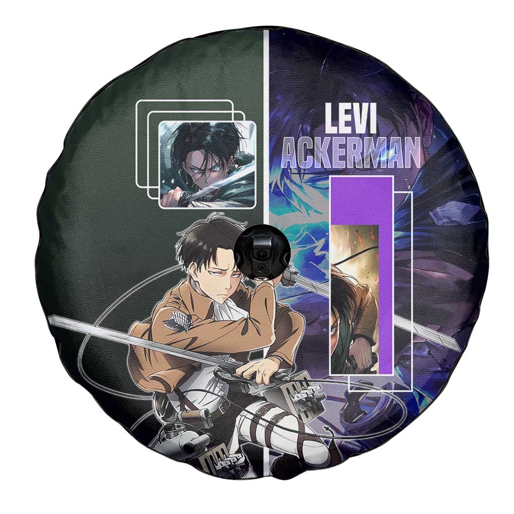 Levi Ackerman from Attack on Titan Spare Tire Cover with Dynamic Poses and Green Background Design - The Mazicc
