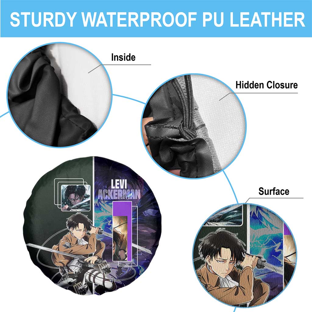 Levi Ackerman from Attack on Titan Spare Tire Cover with Dynamic Poses and Green Background Design - The Mazicc