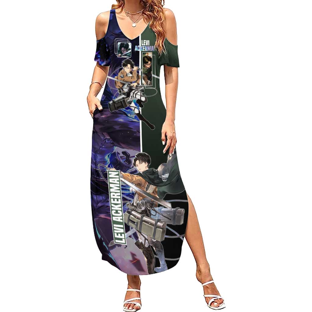 Levi Ackerman from Attack on Titan Summer Maxi Dress with Dynamic Poses and Green Background Design - The Mazicc