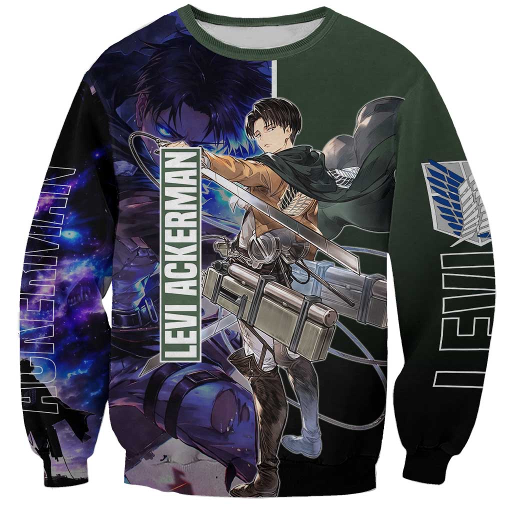 Levi Ackerman from Attack on Titan Sweatshirt with Dynamic Poses and Green Background Design - The Mazicc