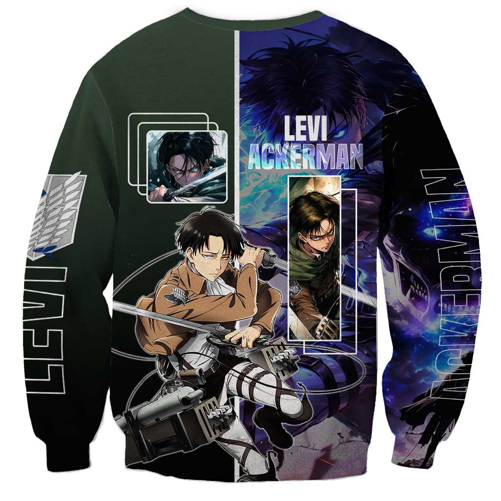 Levi Ackerman from Attack on Titan Sweatshirt with Dynamic Poses and Green Background Design - The Mazicc