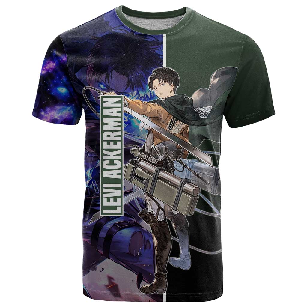 Levi Ackerman from Attack on Titan T Shirt with Dynamic Poses and Green Background Design - The Mazicc