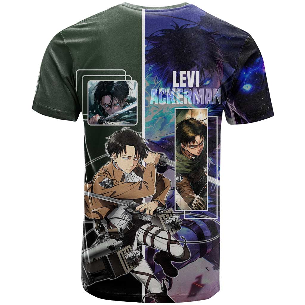 Levi Ackerman from Attack on Titan T Shirt with Dynamic Poses and Green Background Design - The Mazicc