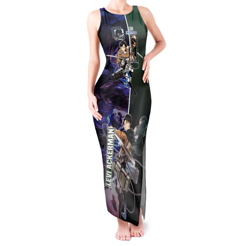 Levi Ackerman from Attack on Titan Tank Maxi Dress with Dynamic Poses and Green Background Design - The Mazicc