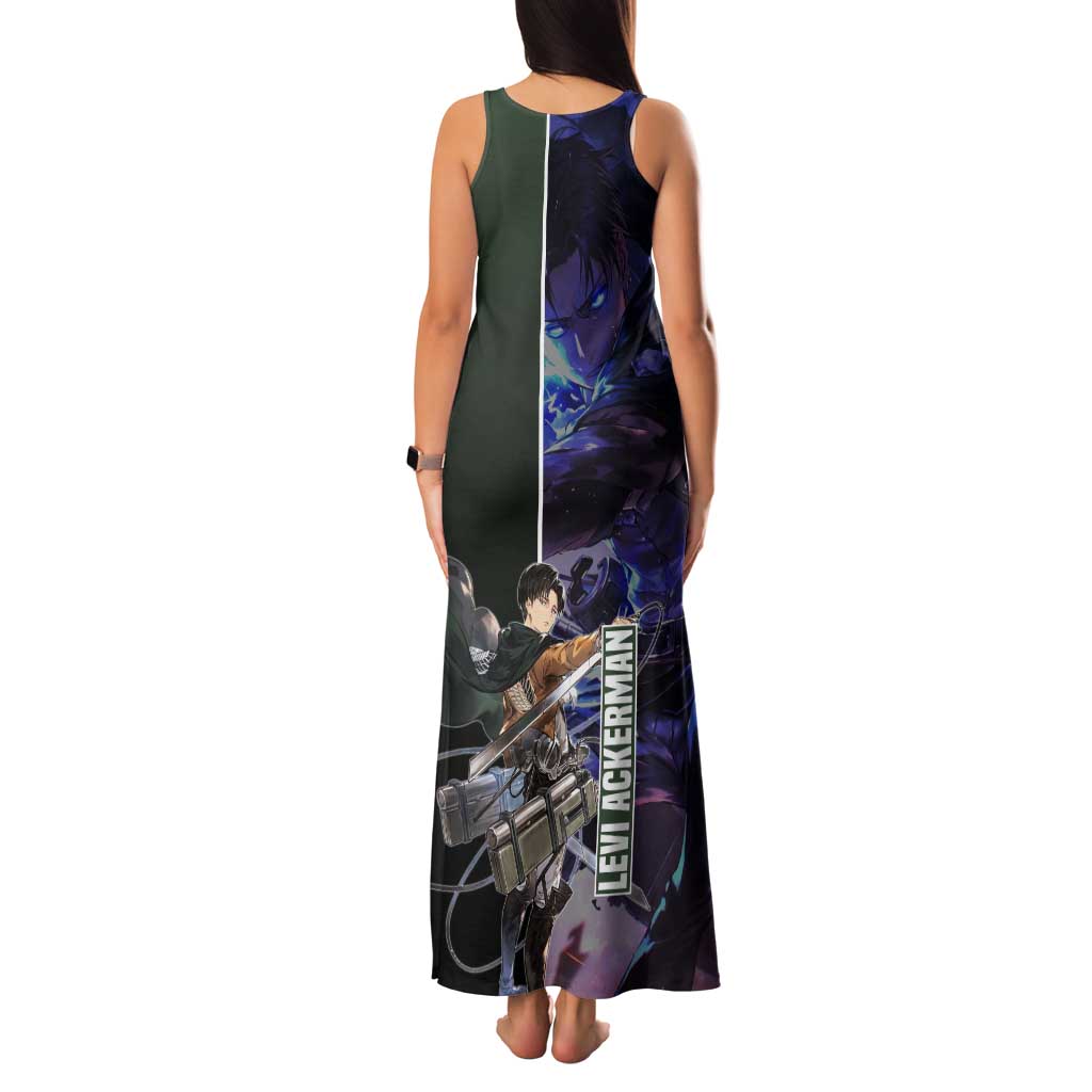 Levi Ackerman from Attack on Titan Tank Maxi Dress with Dynamic Poses and Green Background Design - The Mazicc