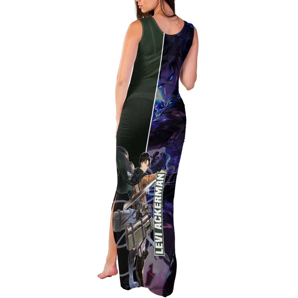 Levi Ackerman from Attack on Titan Tank Maxi Dress with Dynamic Poses and Green Background Design - The Mazicc