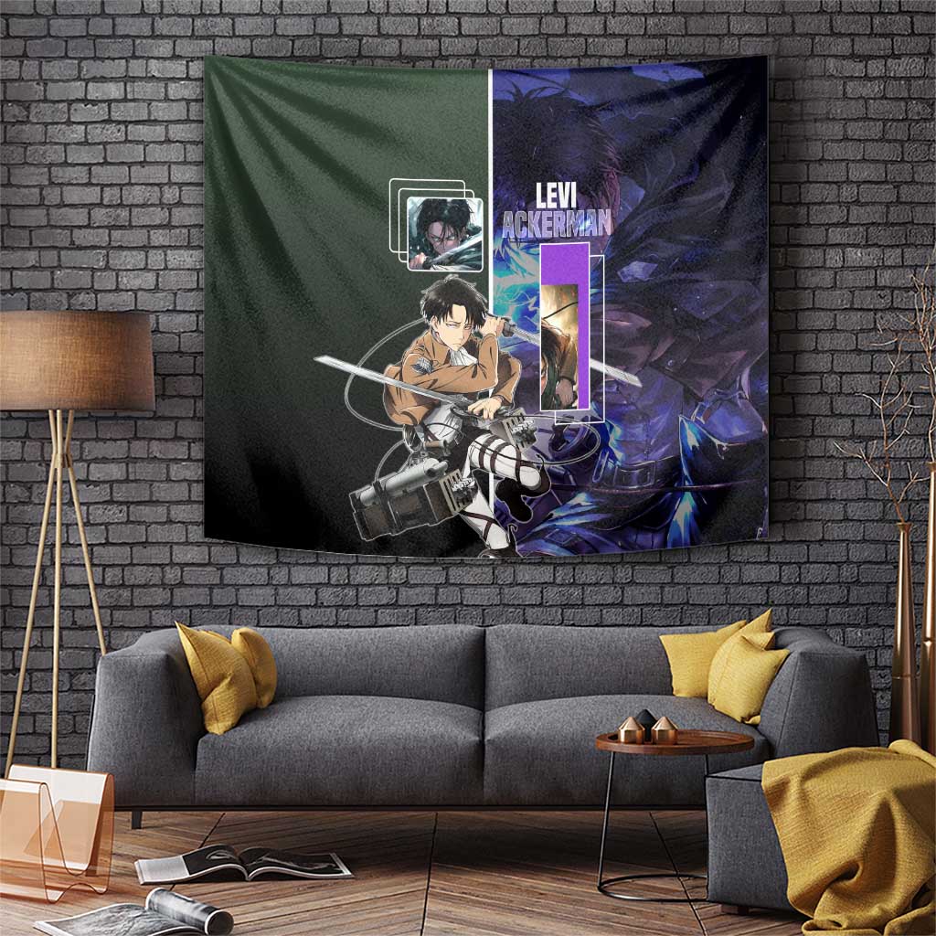 Levi Ackerman from Attack on Titan Tapestry with Dynamic Poses and Green Background Design - The Mazicc