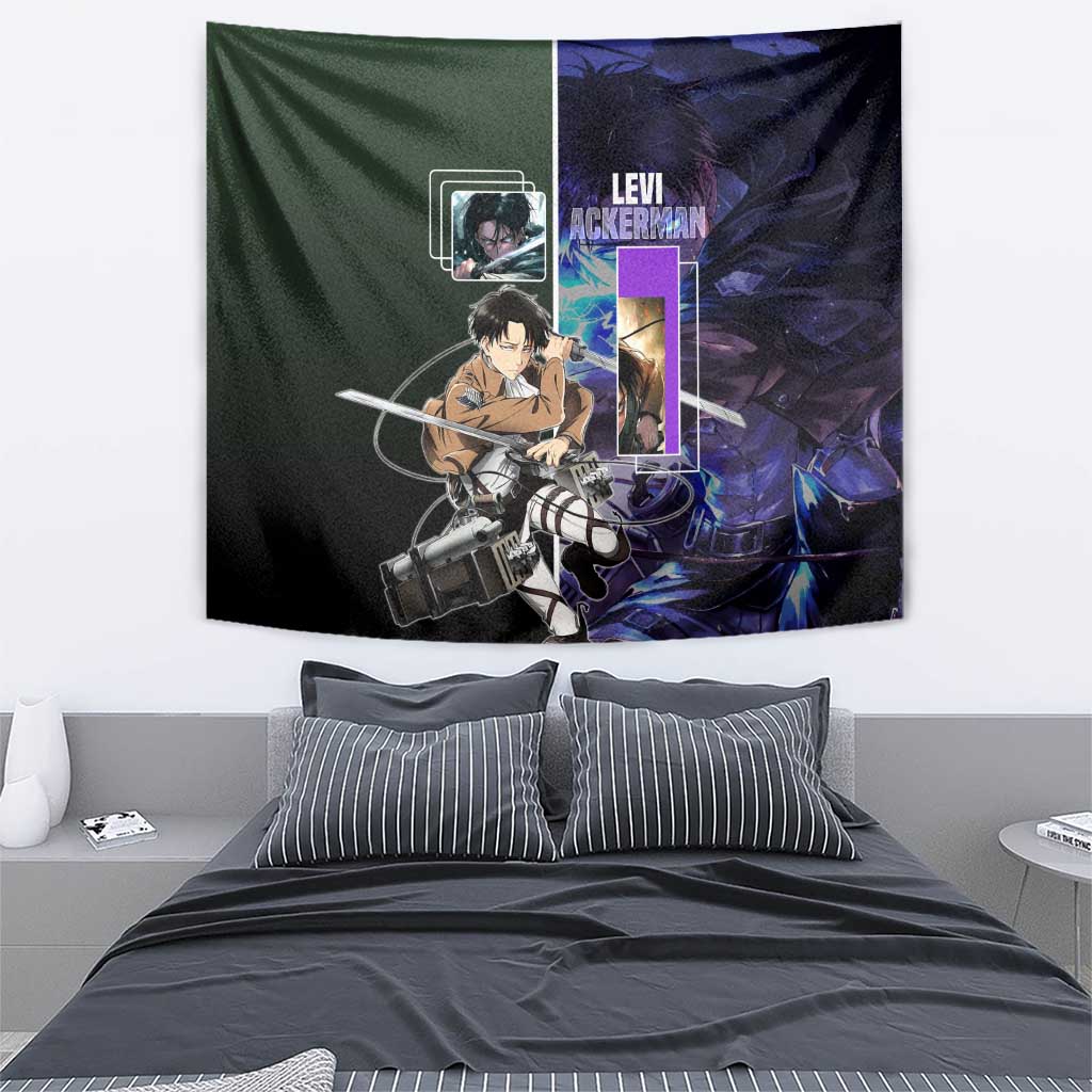Levi Ackerman from Attack on Titan Tapestry with Dynamic Poses and Green Background Design - The Mazicc