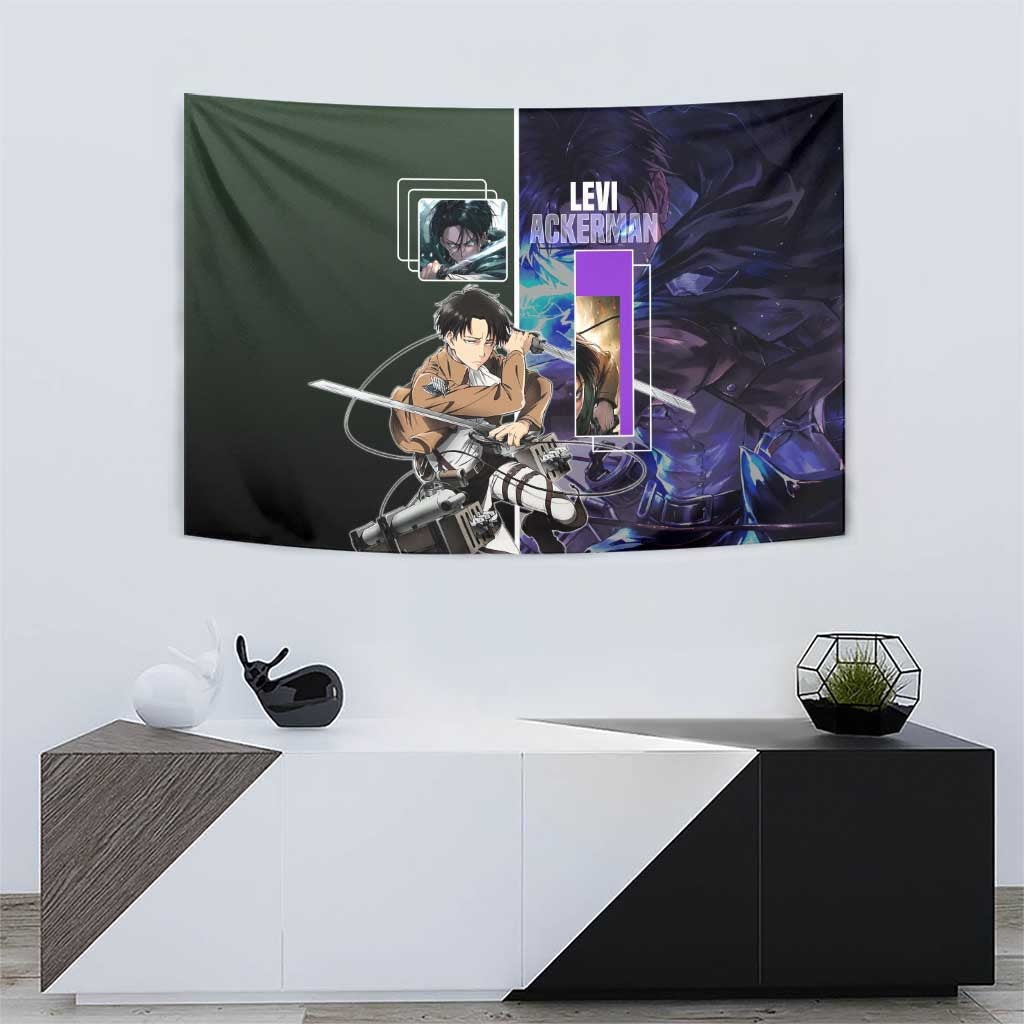 Levi Ackerman from Attack on Titan Tapestry with Dynamic Poses and Green Background Design - The Mazicc