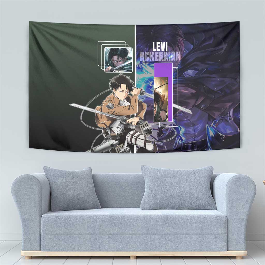 Levi Ackerman from Attack on Titan Tapestry with Dynamic Poses and Green Background Design - The Mazicc