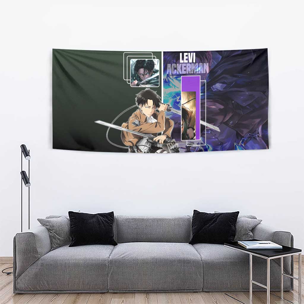 Levi Ackerman from Attack on Titan Tapestry with Dynamic Poses and Green Background Design - The Mazicc